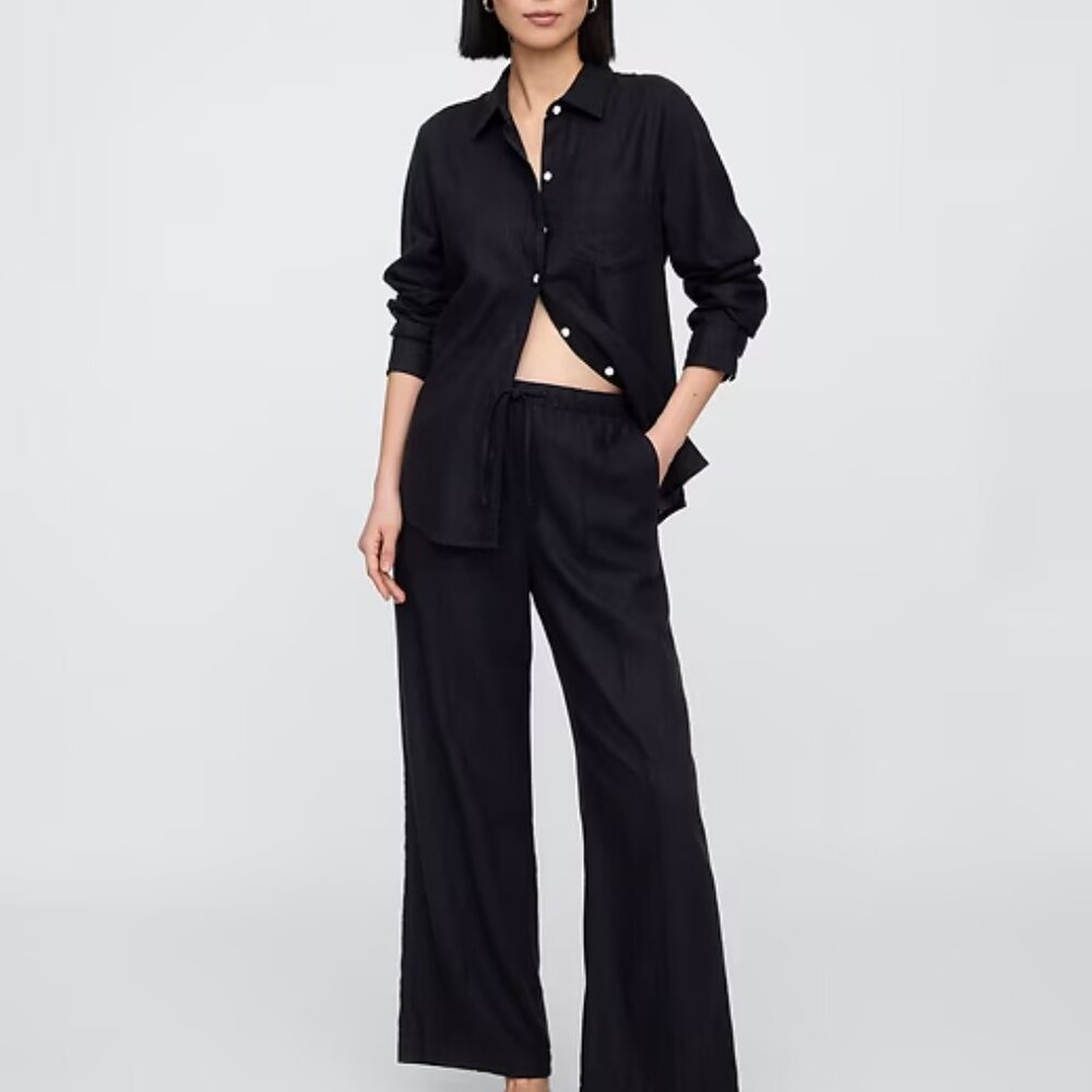 NWT GAP  Black Pull On Mid Rise Wide Leg Linen Pants Lightweight